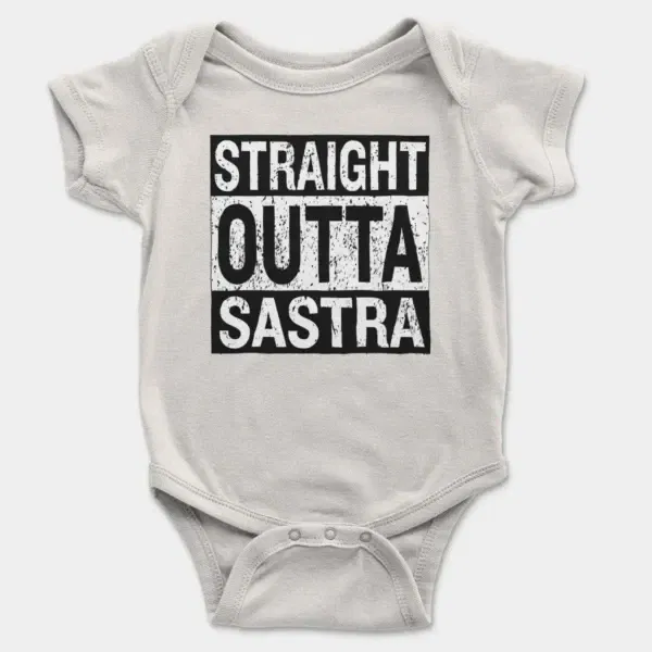 Straight Outta Sastra Short Sleeve Baby Onesie in White Color