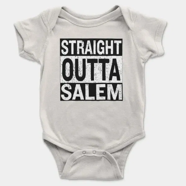 Straight Outta Salem Short Sleeve Baby Onesie in White Color