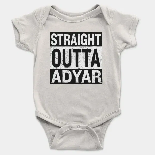 Straight Outta Adyar Short Sleeve Baby Onesie in White Color