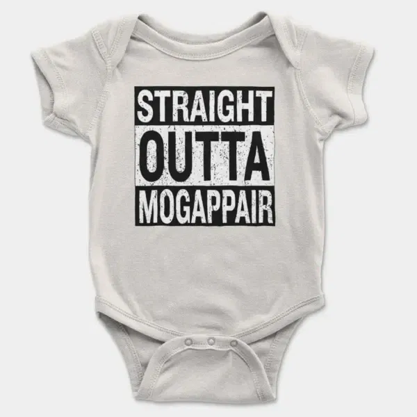 Straight Outta Mogappair Short Sleeve Baby Onesie in White Color