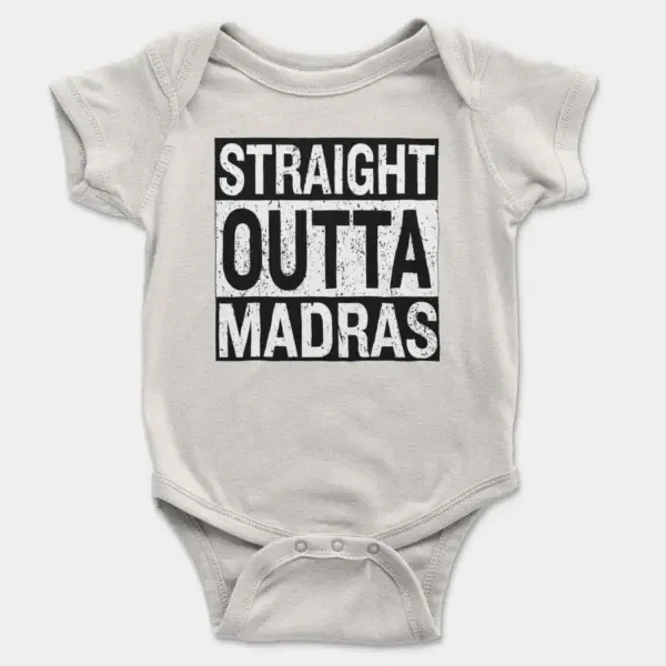 Straight Outta Madras Short Sleeve Baby Onesie in White Color