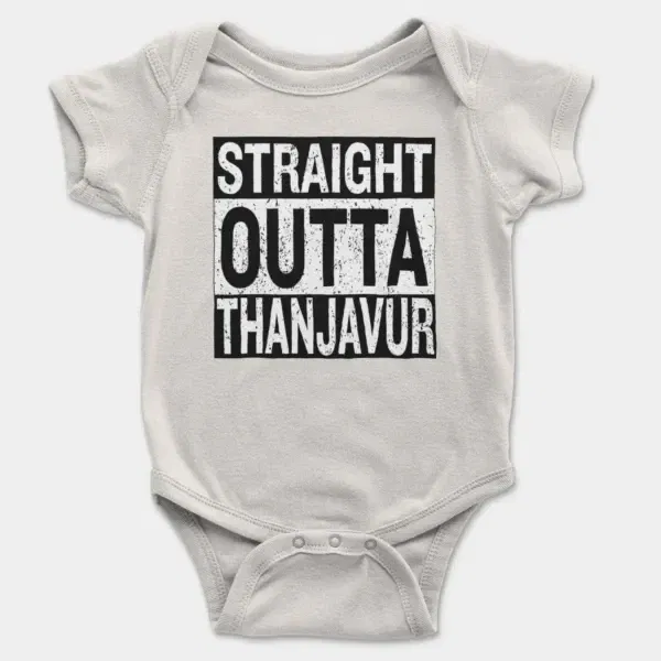 Straight Outta Thanjavur Short Sleeve Baby Onesie in White Color