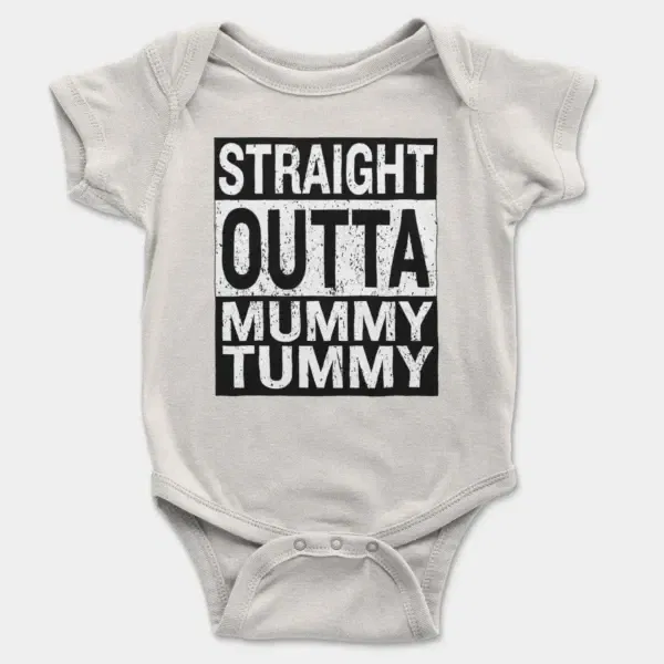 Straight Outta Mummy Tummy Short Sleeve Baby Onesie in White Color