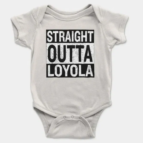 Straight Outta Loyola Short Sleeve Baby Onesie in White Color