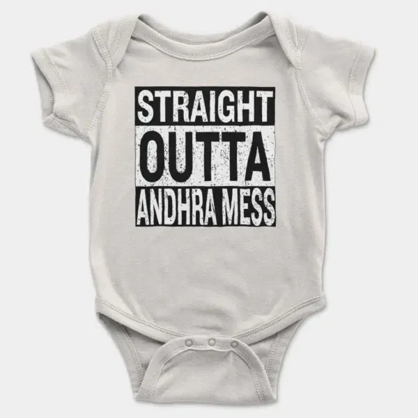 Straight Outta Andhra Mess Short Sleeve Baby Onesie in White Color