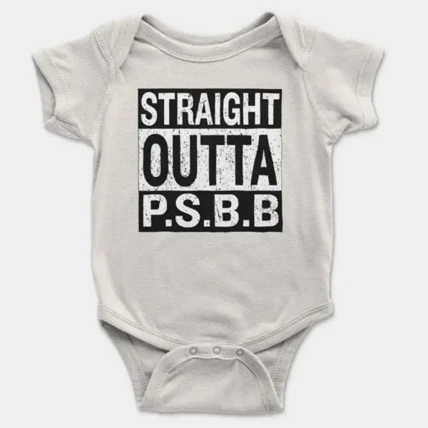 Straight Outta Psbb Short Sleeve Baby Onesie in White Color