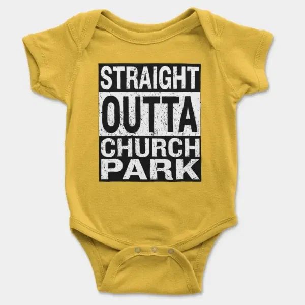 Straight Outta Church Park Short Sleeve Baby Onesie in Yellow Color