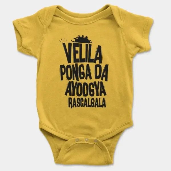 Velila Ponga Da Ayoogya Rascalgala Short Sleeve Baby Onesie in Yellow Color