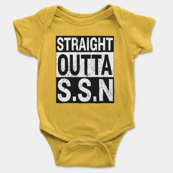 Straight Outta Ssn University Short Sleeve Baby Onesie in Yellow Color