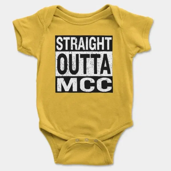 Straight Outta Mcc Short Sleeve Baby Onesie in Yellow Color