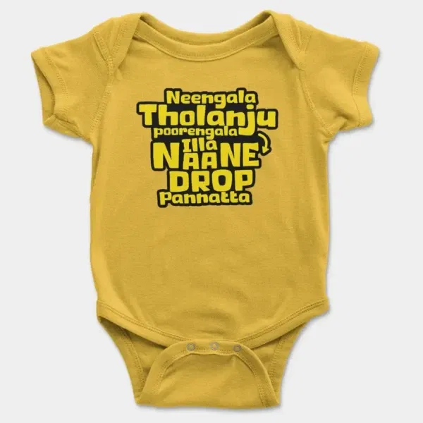 Neengala Tholanju Poorengala Illa Naane Drop Pannatta Short Sleeve Baby Onesie in Yellow Color