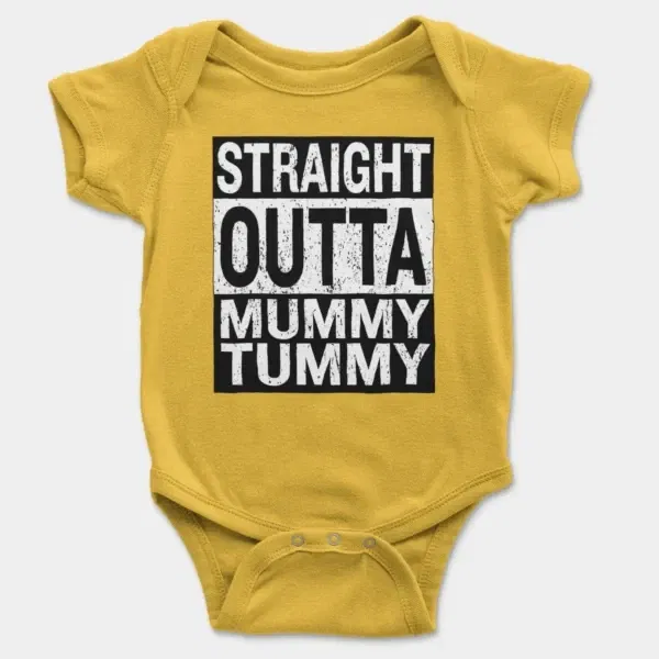 Straight Outta Mummy Tummy Short Sleeve Baby Onesie in Yellow Color