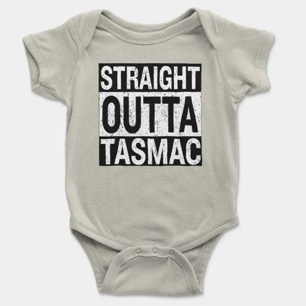 Straight Outta Tasmac Short Sleeve Baby Onesie in Ash Color