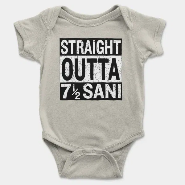 Straight Outta Sani - English Short Sleeve Baby Onesie in Ash Color