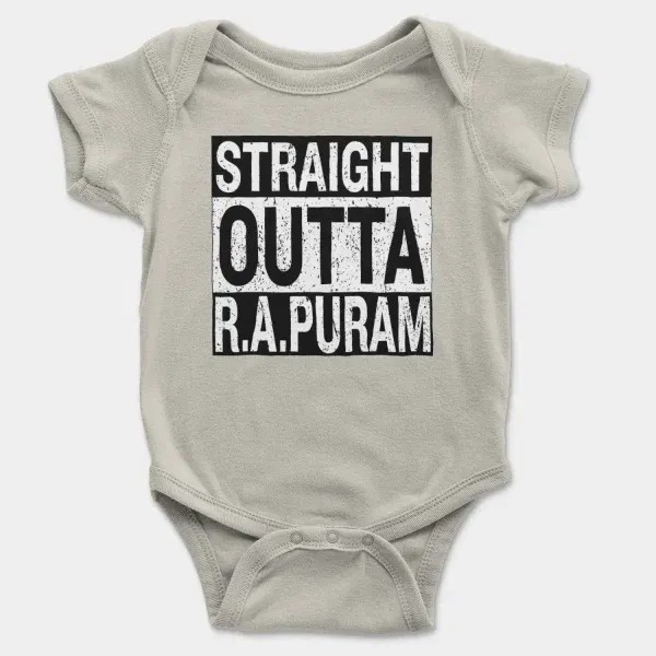 Straight Outta R.a Puram Short Sleeve Baby Onesie in Ash Color