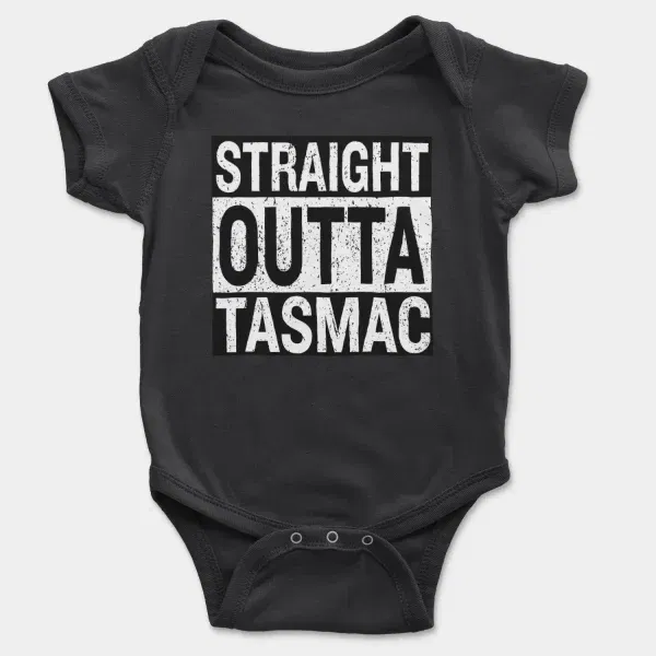 Straight Outta Tasmac Short Sleeve Baby Onesie in Black Color