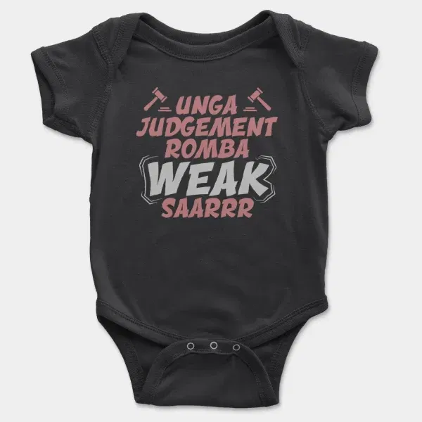 Unga Judgement Romba Weak Saarrr Short Sleeve Baby Onesie in Black Color