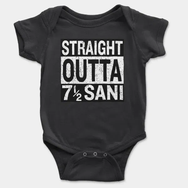 Straight Outta Sani - English Short Sleeve Baby Onesie in Black Color