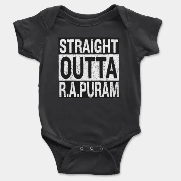 Straight Outta R.a Puram Short Sleeve Baby Onesie in Black Color