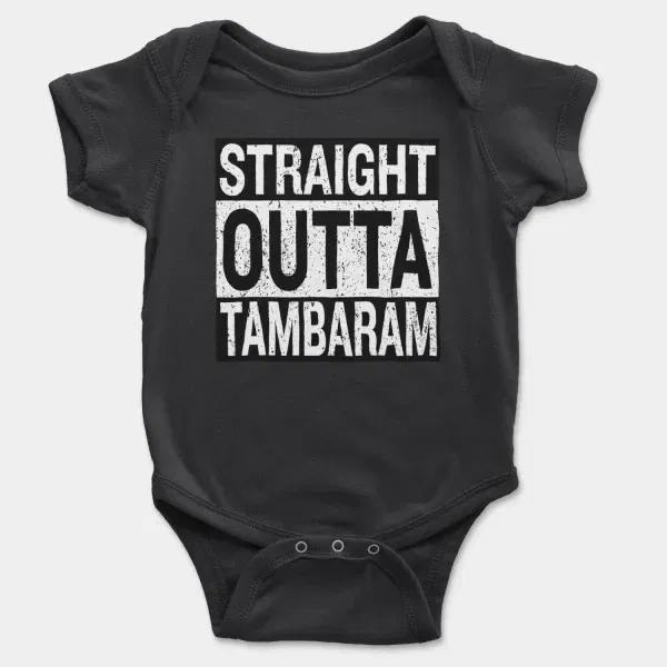 Straight Outta Tambaram Short Sleeve Baby Onesie in Black Color