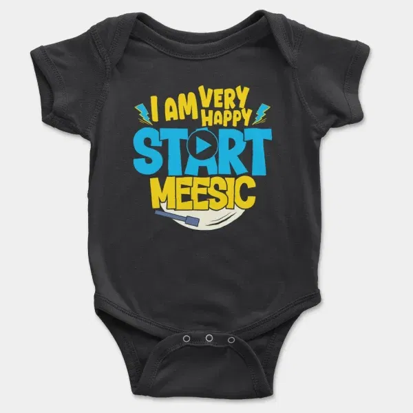 I Am Very Happy… Start Meesic Short Sleeve Baby Onesie in Black Color