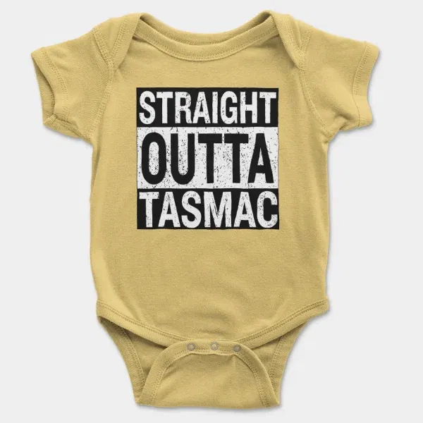 Straight Outta Tasmac Short Sleeve Baby Onesie in Butter Color