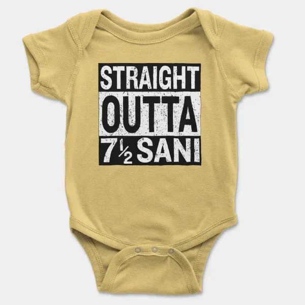 Straight Outta Sani - English Short Sleeve Baby Onesie in Butter Color