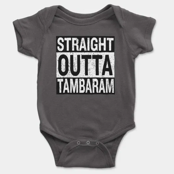 Straight Outta Tambaram Short Sleeve Baby Onesie in Charcoal Color