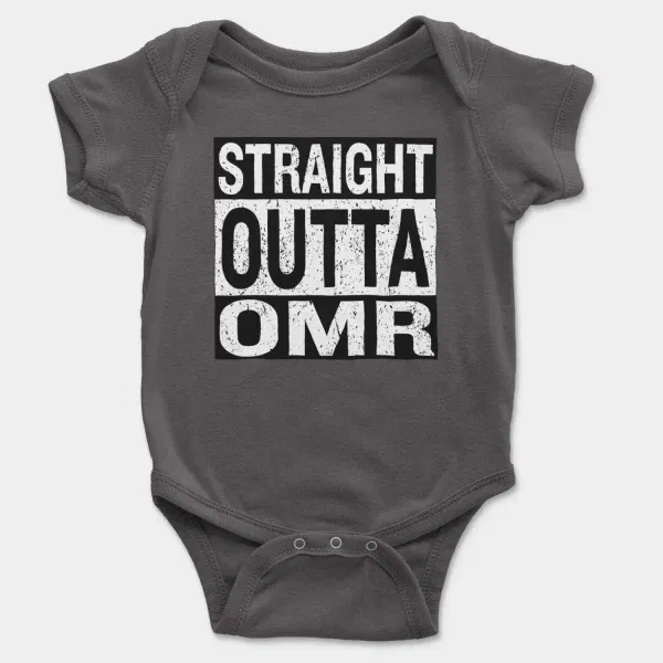 Straight Outta Omr Short Sleeve Baby Onesie in Charcoal Color