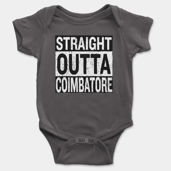 Straight Outta Coimbatore Short Sleeve Baby Onesie in Charcoal Color