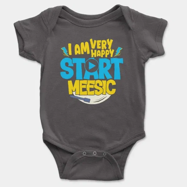 I Am Very Happy… Start Meesic Short Sleeve Baby Onesie in Charcoal Color