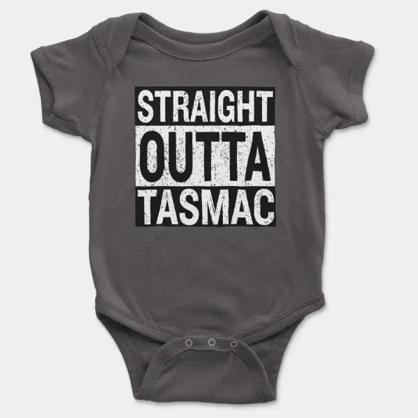 Straight Outta Tasmac Short Sleeve Baby Onesie in Charcoal Color