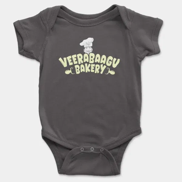 Veerabaagu Bakery Short Sleeve Baby Onesie in Charcoal Color