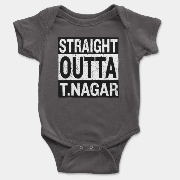 Straight Outta T-Nagar Short Sleeve Baby Onesie in Charcoal Color