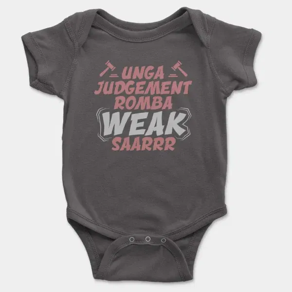 Unga Judgement Romba Weak Saarrr Short Sleeve Baby Onesie in Charcoal Color