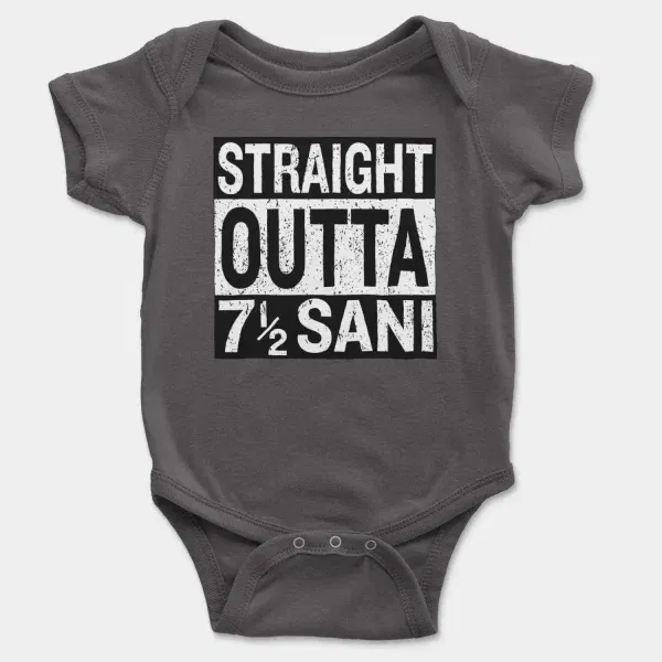 Straight Outta Sani - English Short Sleeve Baby Onesie in Charcoal Color