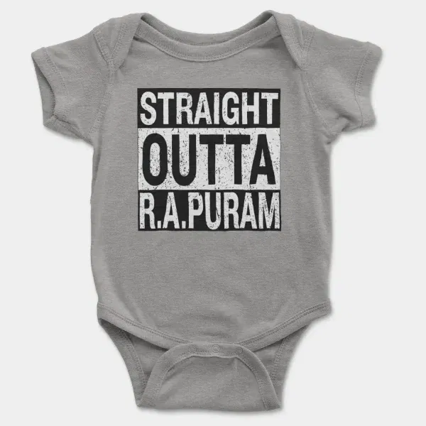 Straight Outta R.a Puram Short Sleeve Baby Onesie in Heather Color