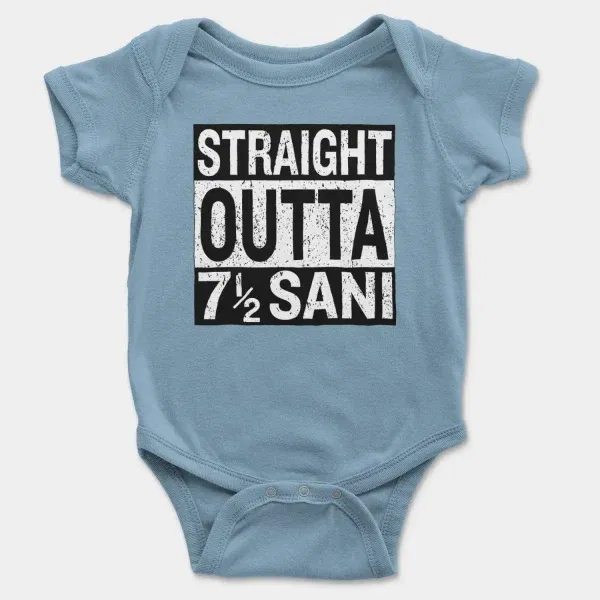 Straight Outta Sani - English Short Sleeve Baby Onesie in Light Blue Color