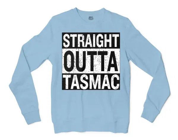 Straight Outta Tasmac Men/Unisex Long Sleeve Sweatshirt in Light Blue Color