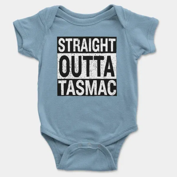 Straight Outta Tasmac Short Sleeve Baby Onesie in Light Blue Color