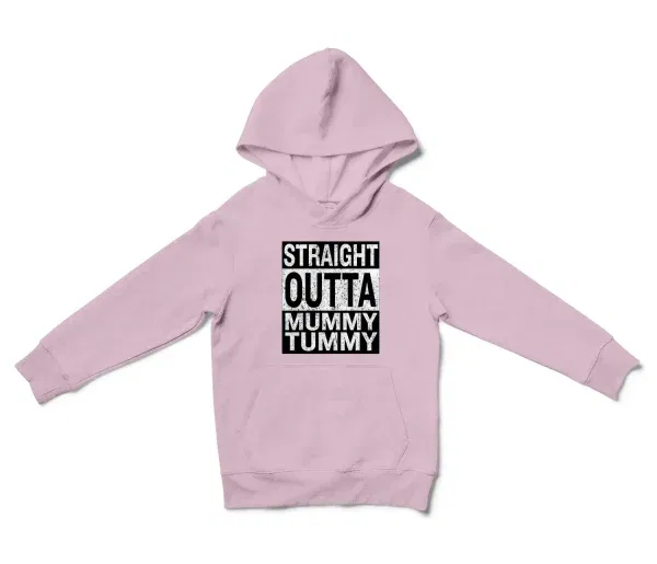 Straight Outta Mummy Tummy Unisex Youth Hoodie in Light Pink Color