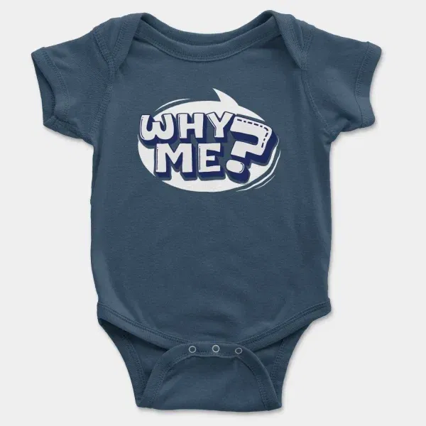 Why Me? Short Sleeve Baby Onesie in Navy Color