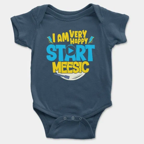 I Am Very Happy… Start Meesic Short Sleeve Baby Onesie in Navy Color