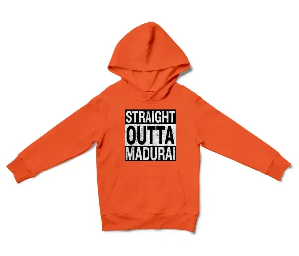 Straight Outta Madurai Unisex Youth Hoodie in Orange Color