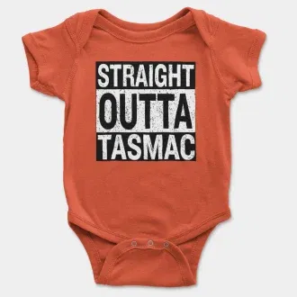 Straight Outta Tasmac Short Sleeve Baby Onesie in Orange Color