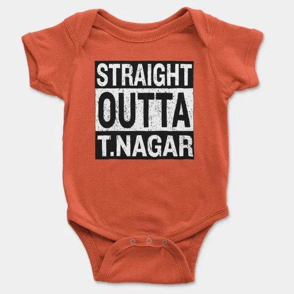 Straight Outta T-Nagar Short Sleeve Baby Onesie in Orange Color