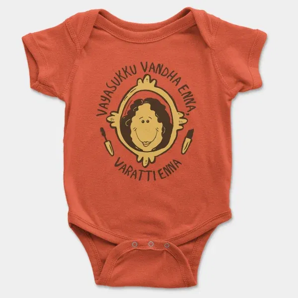 Vayasuku Vantha Enna Varati Enna Short Sleeve Baby Onesie in Orange Color