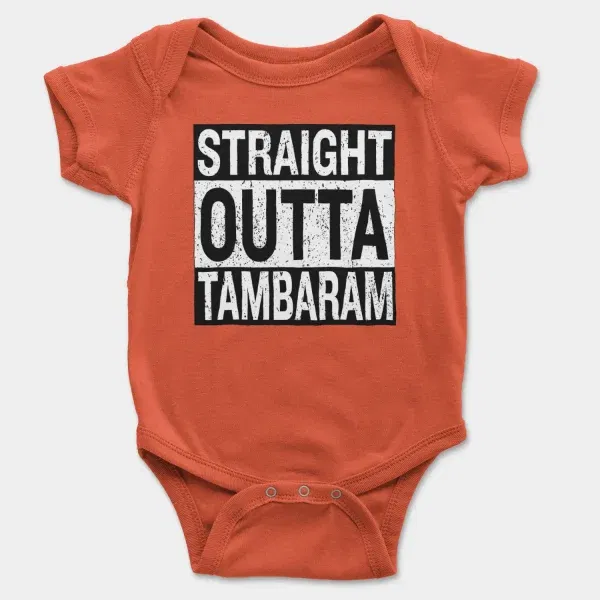 Straight Outta Tambaram Short Sleeve Baby Onesie in Orange Color