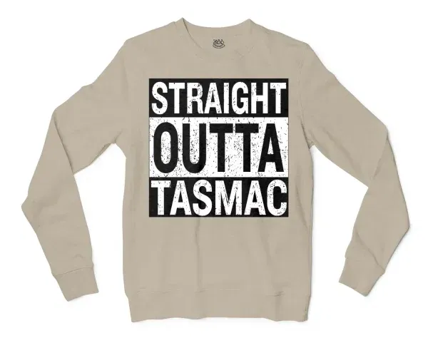 Straight Outta Tasmac Men/Unisex Long Sleeve Sweatshirt in Sand Color