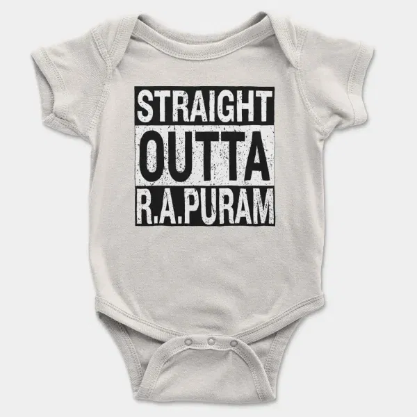 Straight Outta R.a Puram Short Sleeve Baby Onesie in White Color